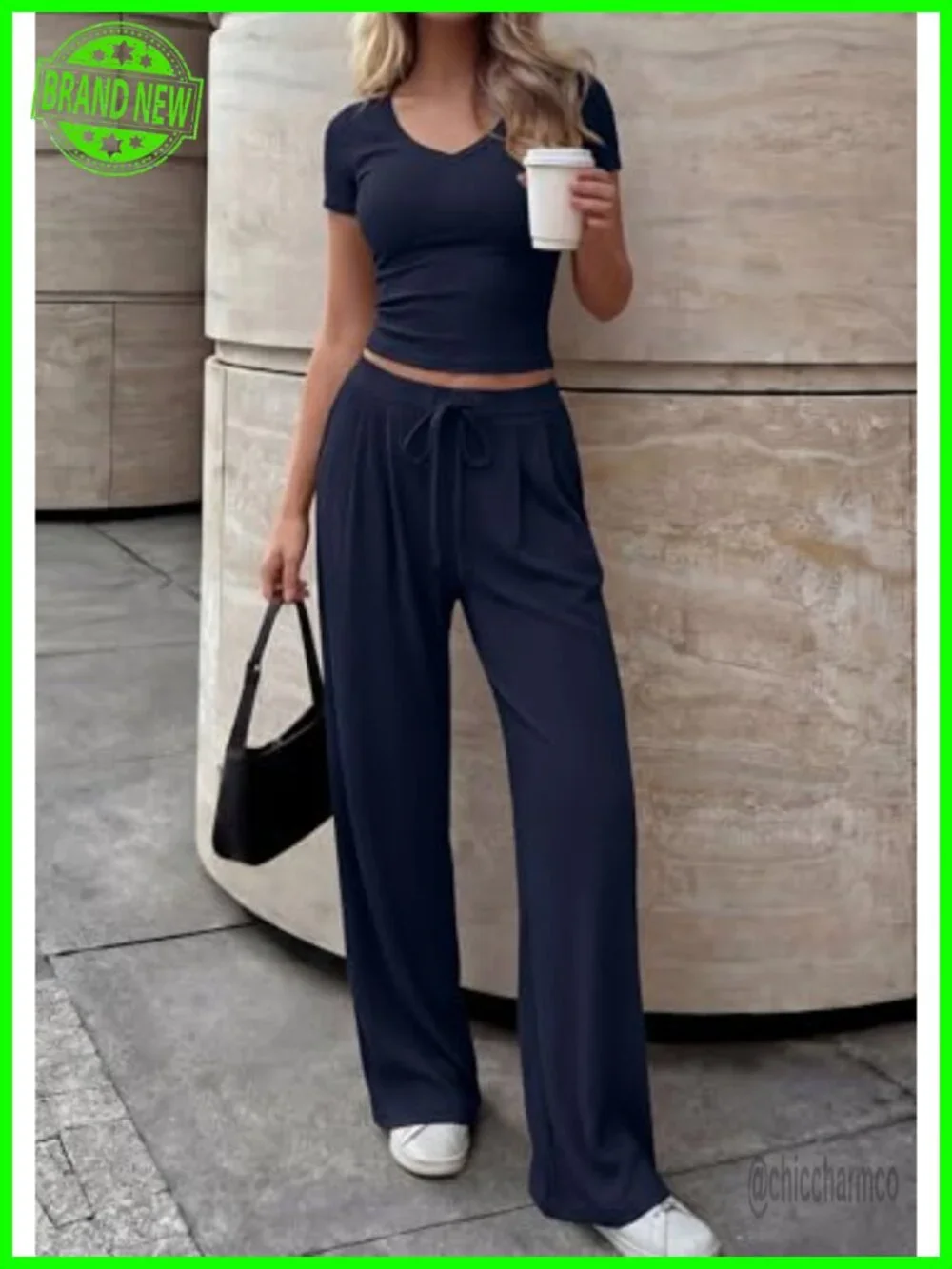 2 Piece Matching Lounge Set - V Neck Top Wide Leg Pants Travel Outfit